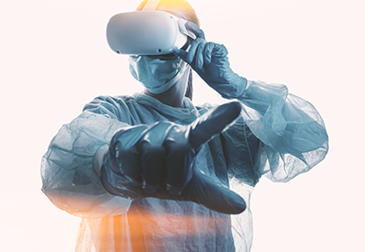 Female doctor wearing a VR headset and using hand controllers for immersive medical training.